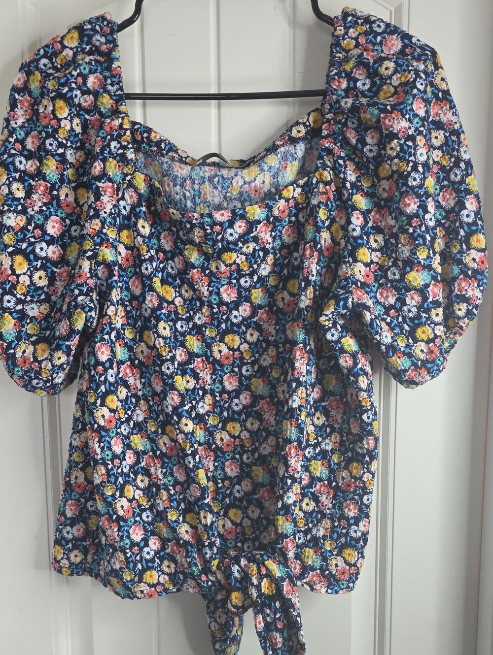 LOFT Navy Floral Tie-Hem Blouse